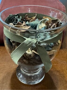 Decorative Glass Pedestal Bowl with Green Ribbon and Natural Potpourri